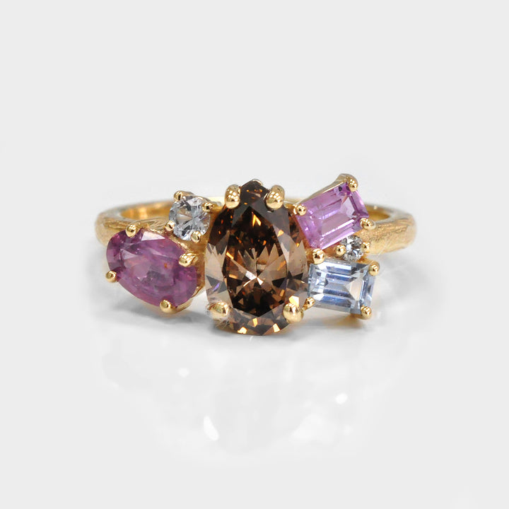 Pear Shape Diamond and  Sapphires Textured gold Cluster Ring