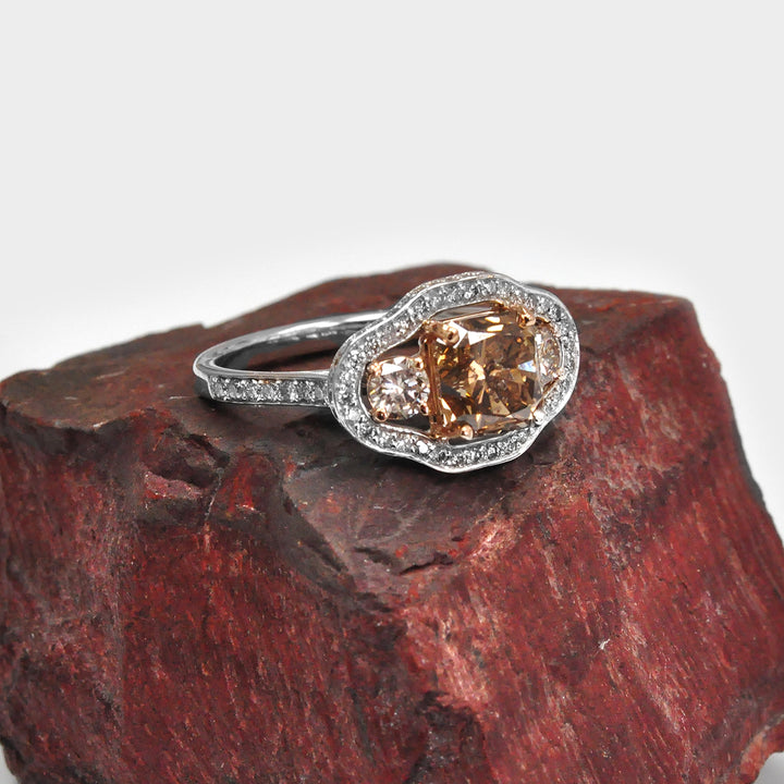 Fancy Brown Three Stone Unique Halo Engagement Ring