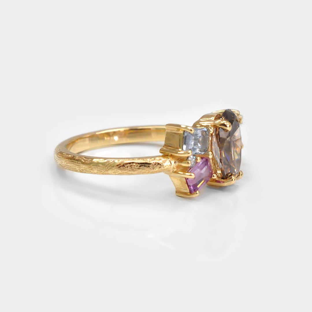 Pear Shape Diamond and  Sapphires Textured gold Cluster Ring