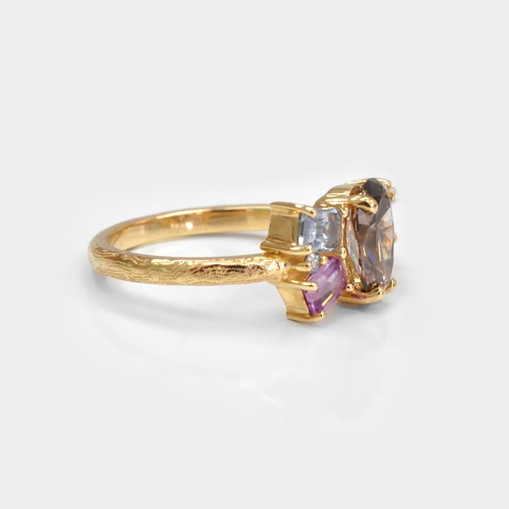 Pear Shape Diamond and  Sapphires Textured gold Cluster Ring