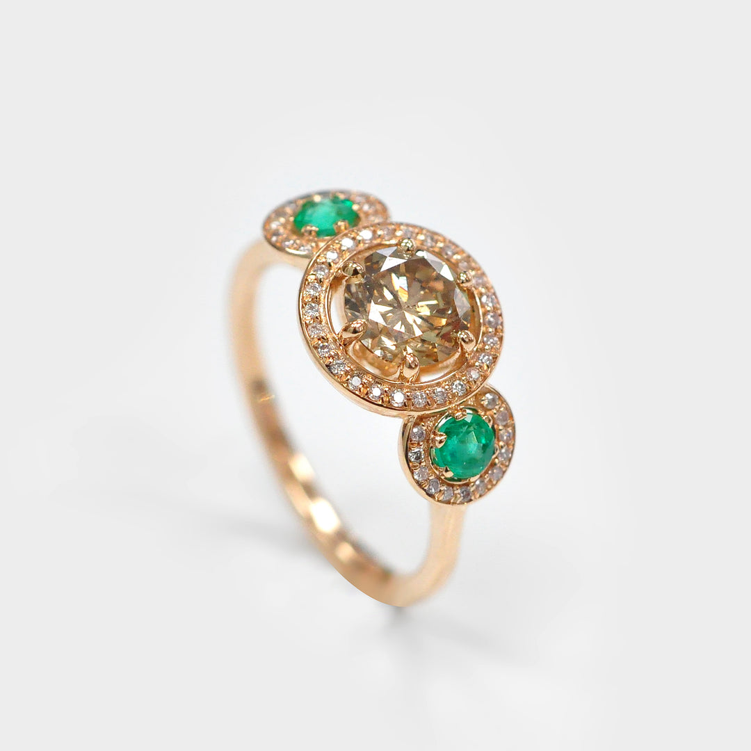 Fancy Diamond and Green Emeralds Ring in Rose Gold