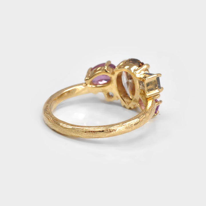 Pear Shape Diamond and  Sapphires Textured gold Cluster Ring