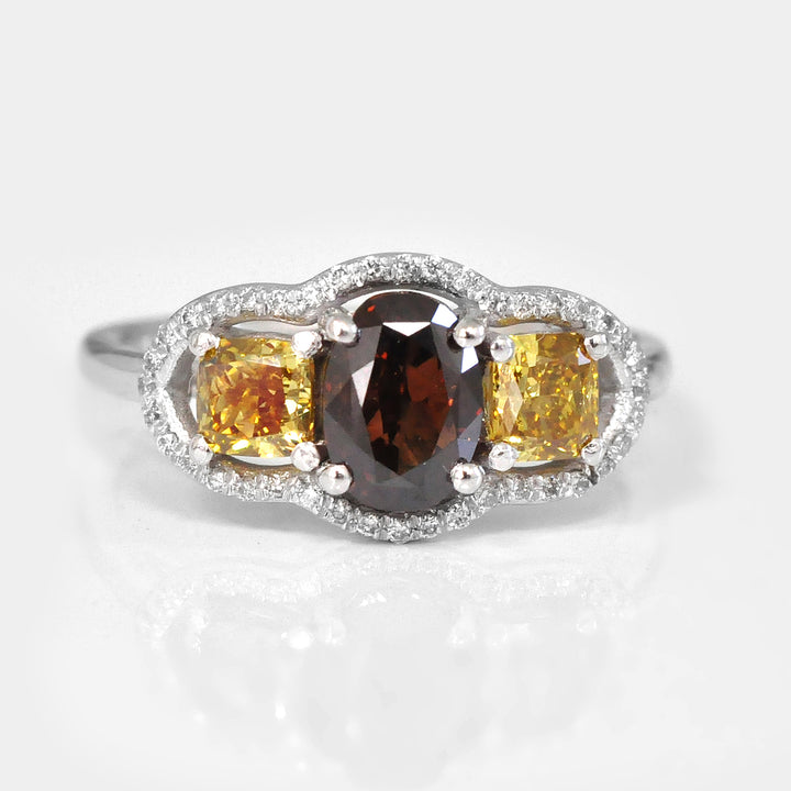 Fancy Brown &amp; Yellow Three Stone Halo Engagement Ring