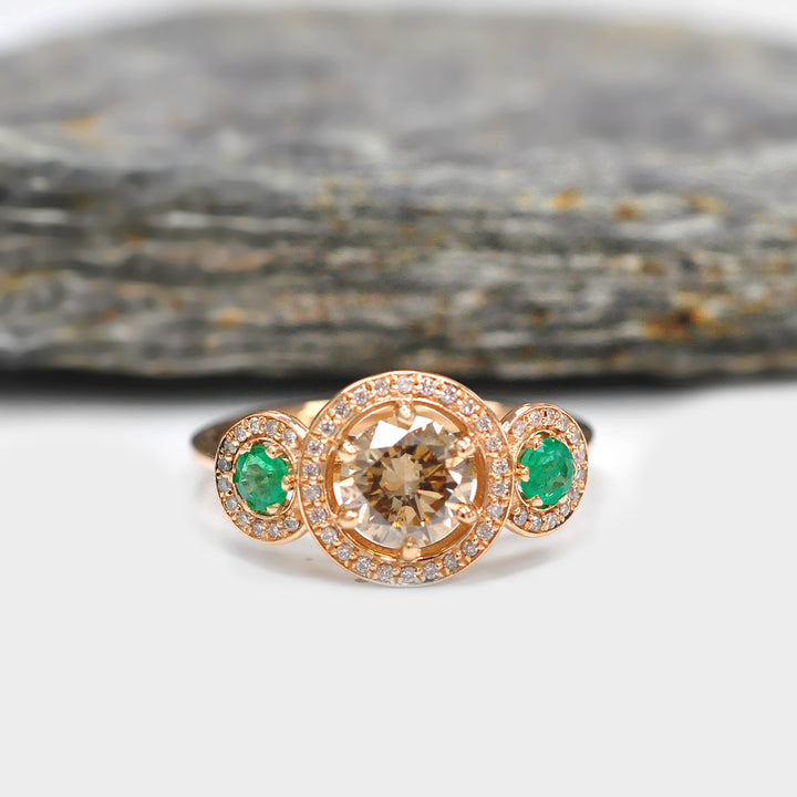 Fancy Diamond and Green Emeralds Ring in Rose Gold
