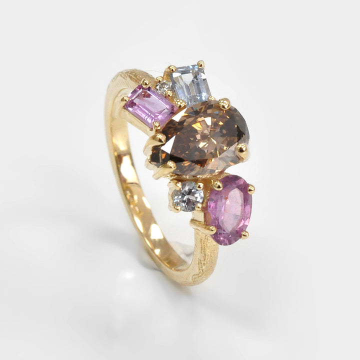 Pear Shape Diamond and  Sapphires Textured gold Cluster Ring
