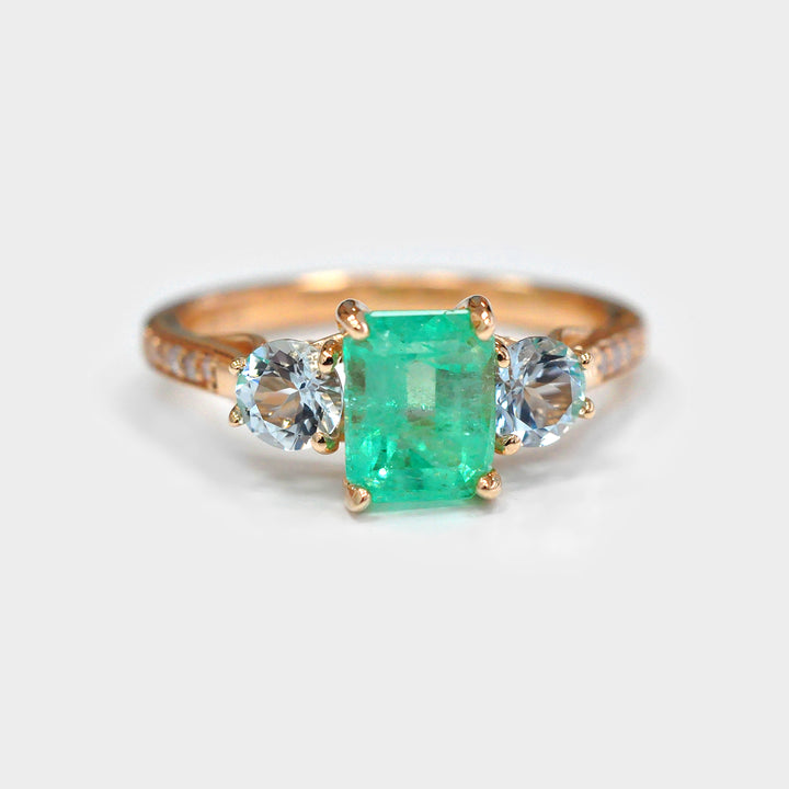 Light Green Emerald with Two Aquamarine &amp; Diamonds Ring.
