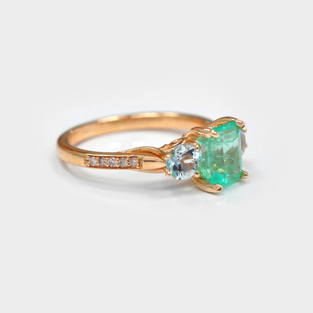 Light Green Emerald with Two Aquamarine &amp; Diamonds Ring.