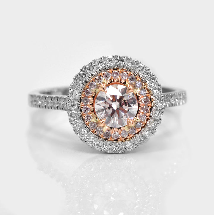 Light Pink Double Halo Diamond Ring in 18k White Gold