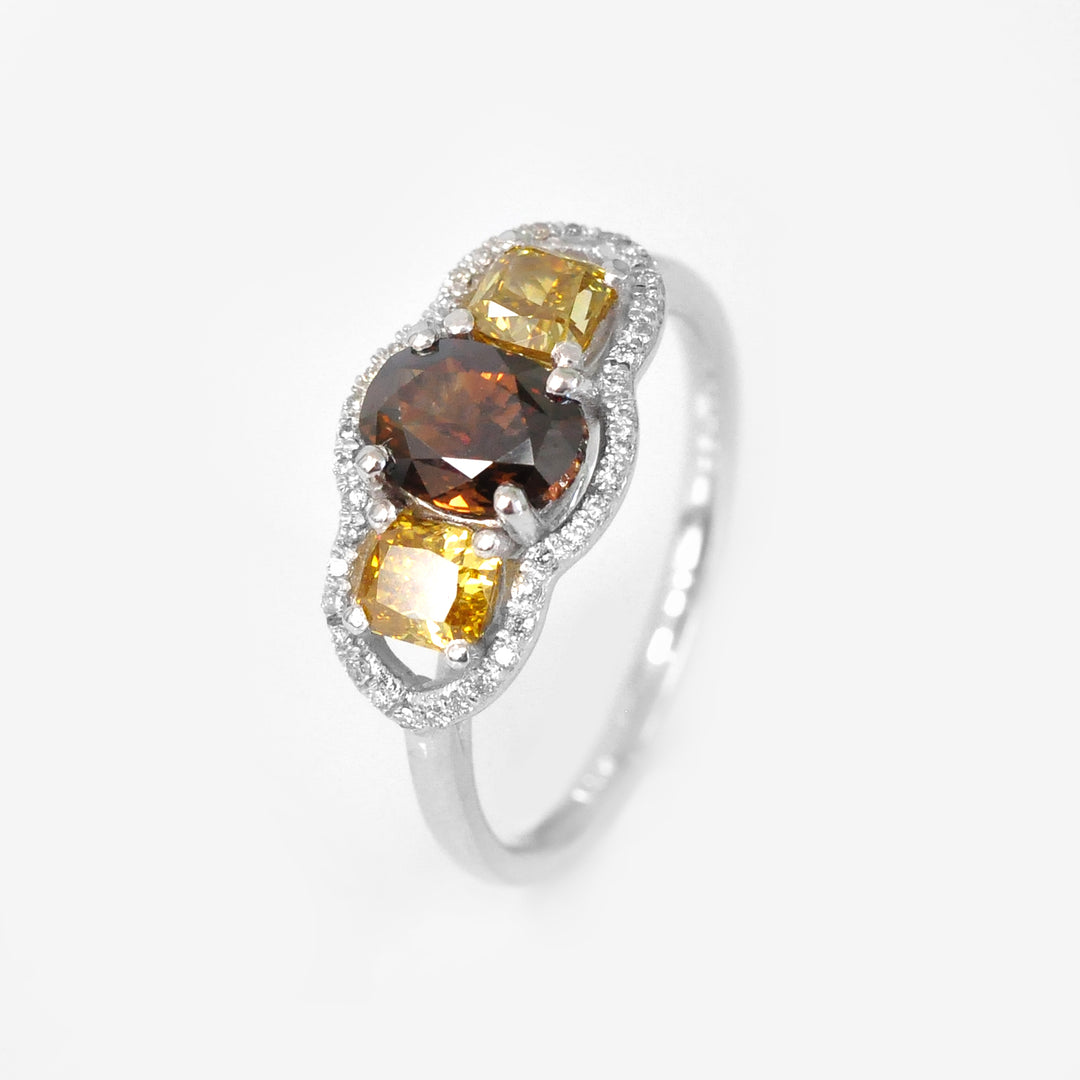 Fancy Brown &amp; Yellow Three Stone Halo Engagement Ring