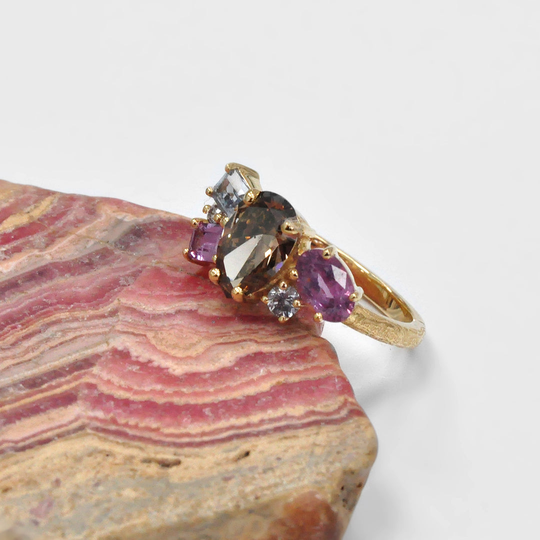 Pear Shape Diamond and  Sapphires Textured gold Cluster Ring
