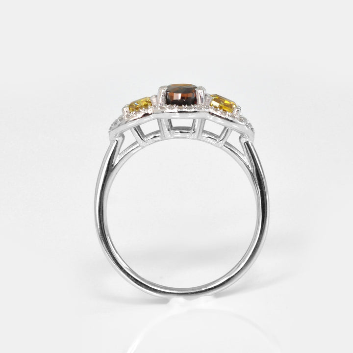 Fancy Brown &amp; Yellow Three Stone Halo Engagement Ring