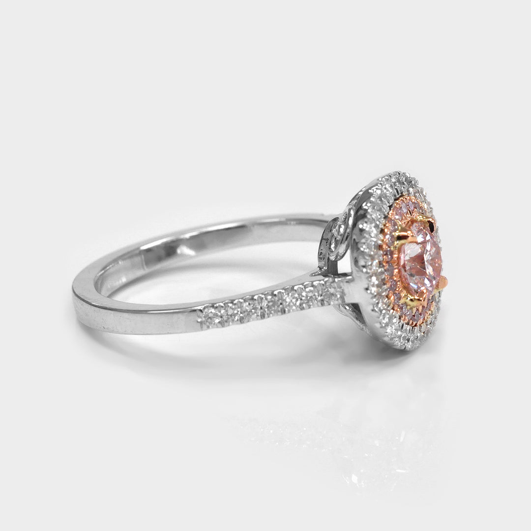 Light Pink Double Halo Diamond Ring in 18k White Gold