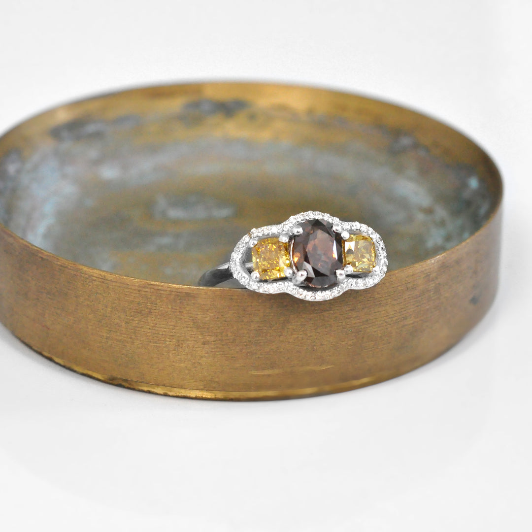 Fancy Brown &amp; Yellow Three Stone Halo Engagement Ring