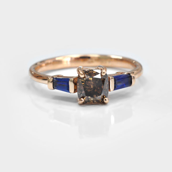 Cushion Diamond and Blue Sapphires Ring in Rose Gold