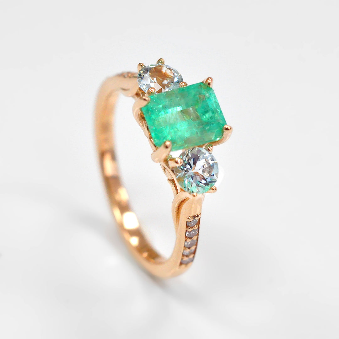 Light Green Emerald with Two Aquamarine &amp; Diamonds Ring.