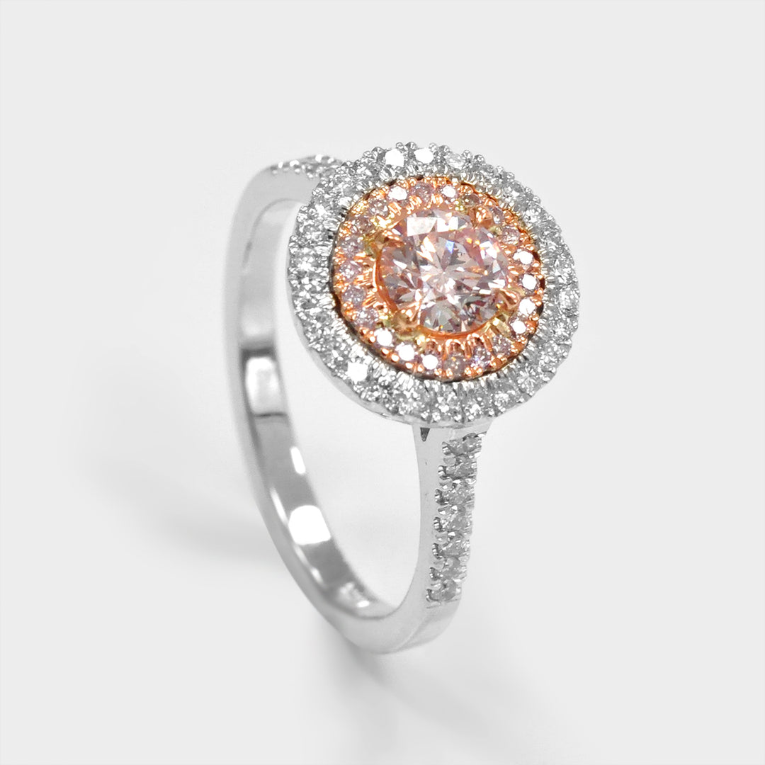 Light Pink Double Halo Diamond Ring in 18k White Gold