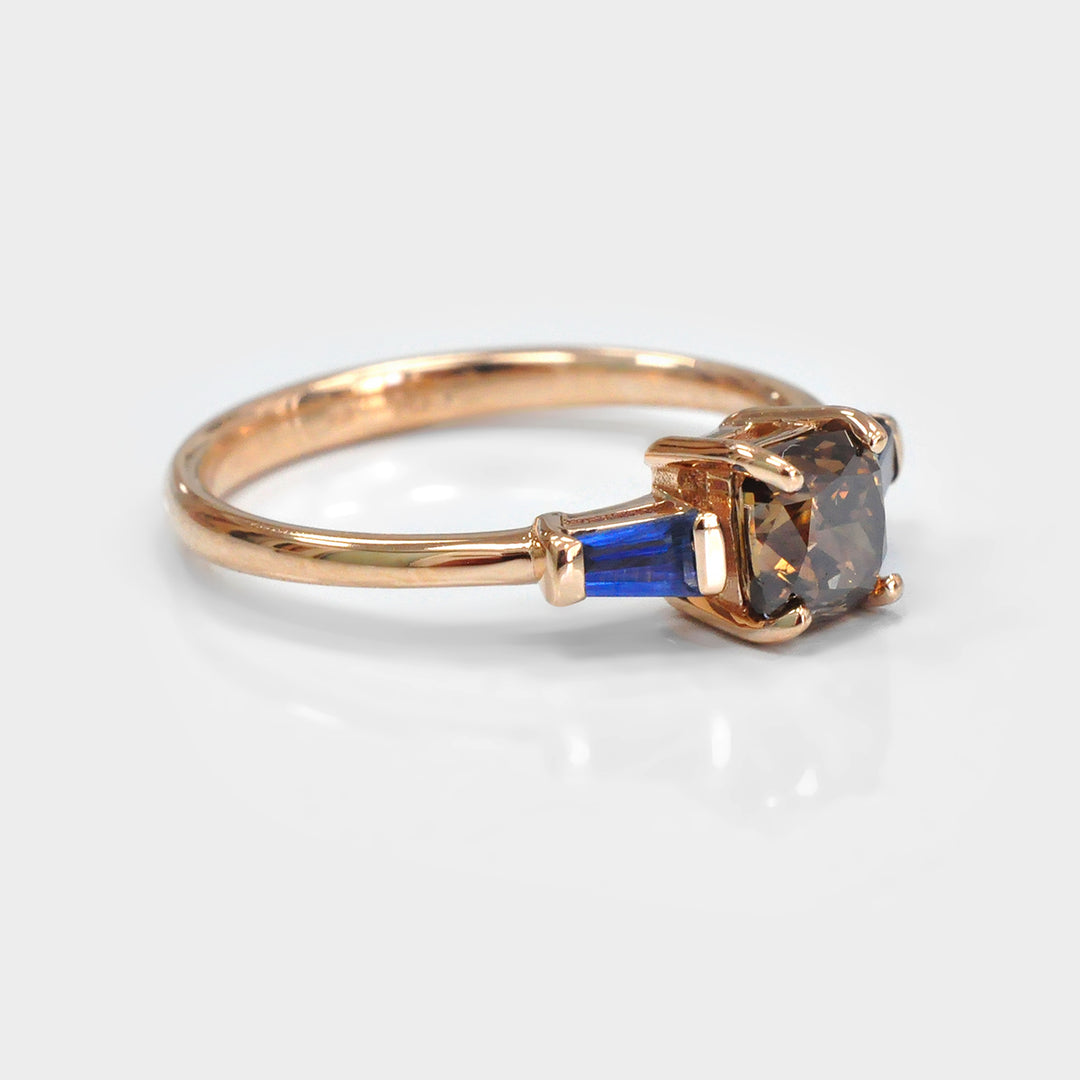 Cushion Diamond and Blue Sapphires Ring in Rose Gold