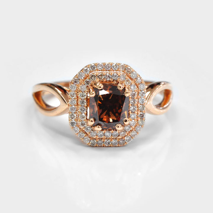 Deep Orange brown Double Halo Diamond Rose Gold Ring