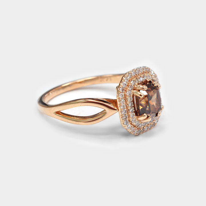 Deep Orange brown Double Halo Diamond Rose Gold Ring