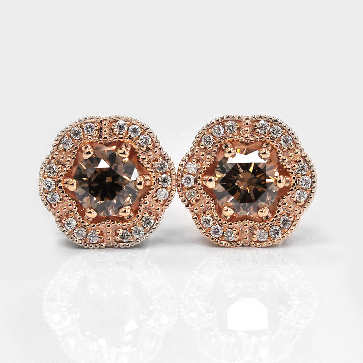 LIGHT BROWN FLOWER HALO DIAMONDS Rose GOLD STUDS