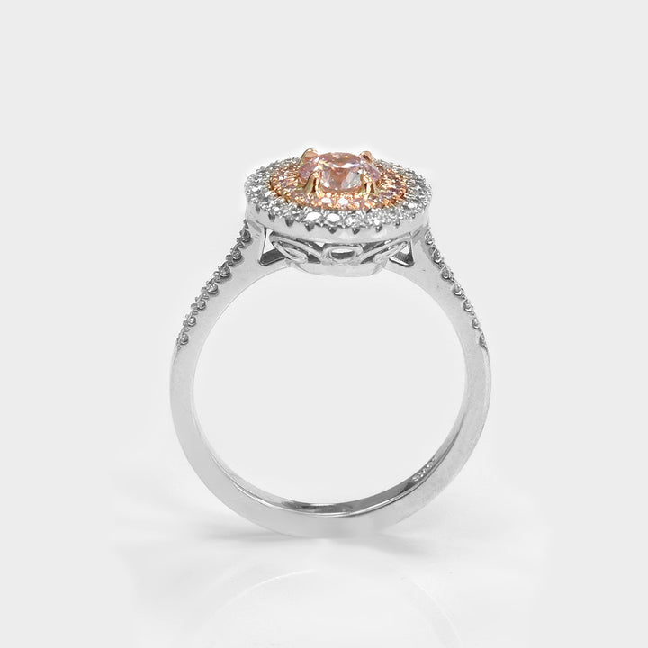 Light Pink Double Halo Diamond Ring in 18k White Gold