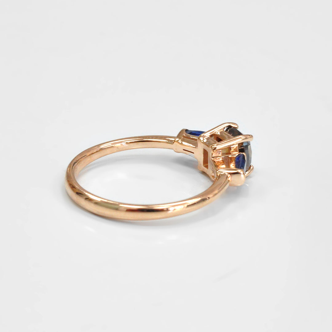 Cushion Diamond and Blue Sapphires Ring in Rose Gold