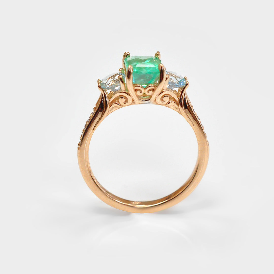 Light Green Emerald with Two Aquamarine &amp; Diamonds Ring.