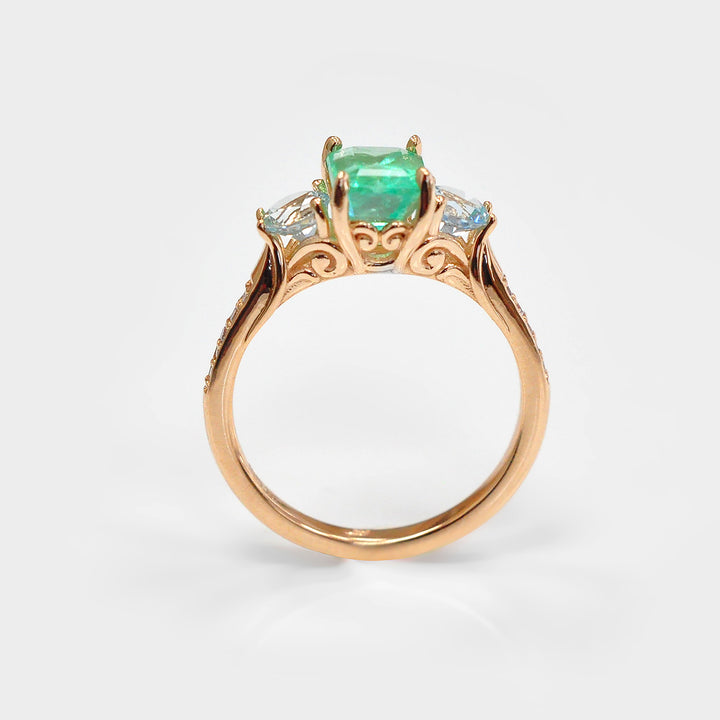 Light Green Emerald with Two Aquamarine &amp; Diamonds Ring.