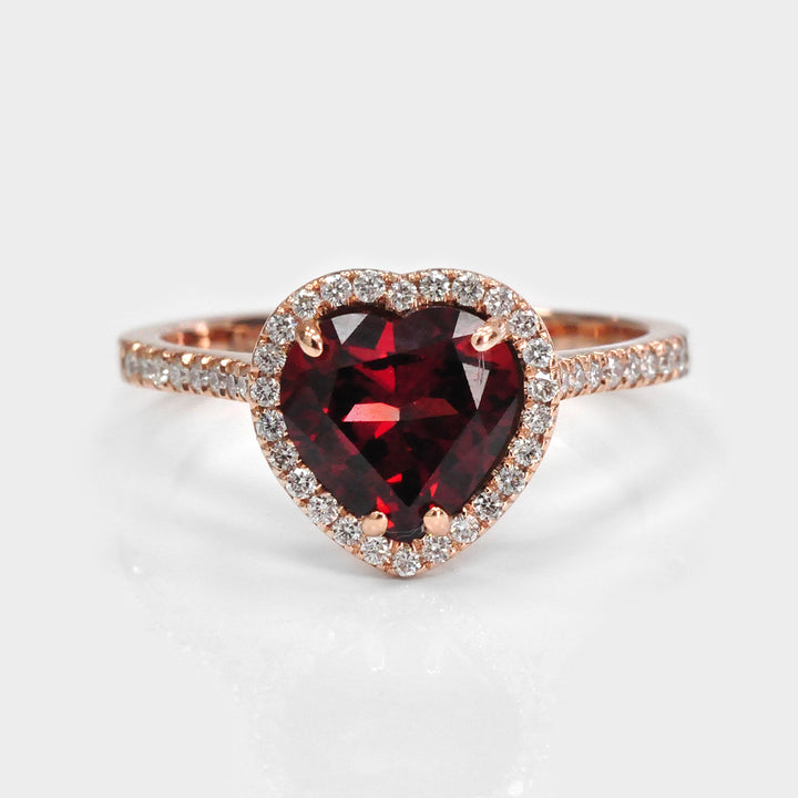Heart Shape Garnet &amp; Diamonds Halo Ring