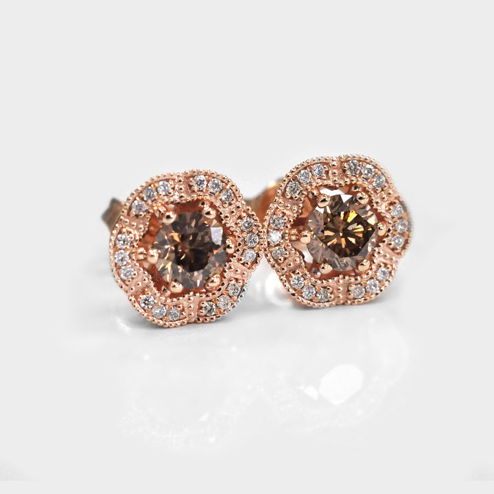LIGHT BROWN FLOWER HALO DIAMONDS Rose GOLD STUDS