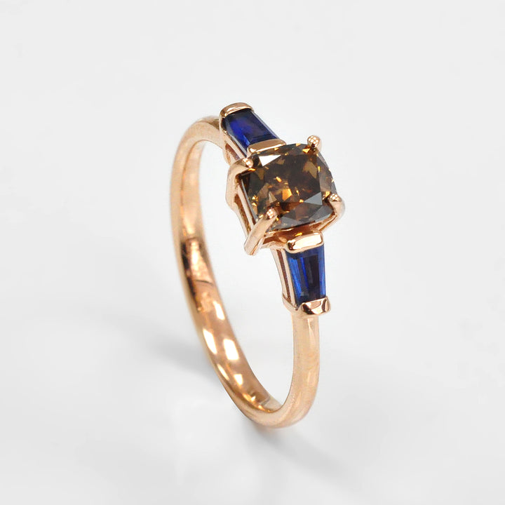 Cushion Diamond and Blue Sapphires Ring in Rose Gold