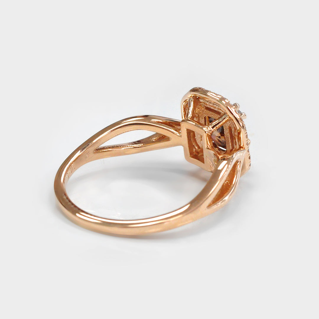Deep Orange brown Double Halo Diamond Rose Gold Ring