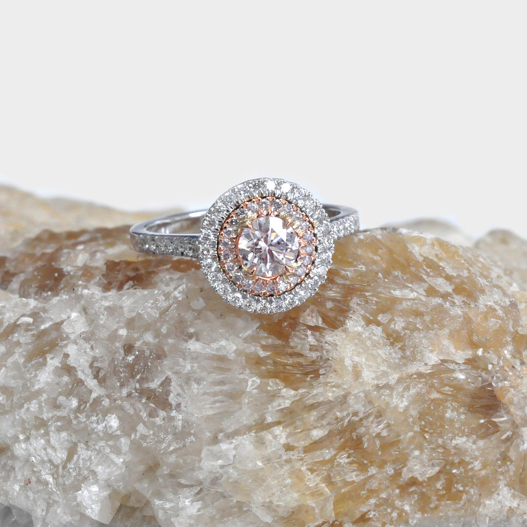 Light Pink Double Halo Diamond Ring in 18k White Gold