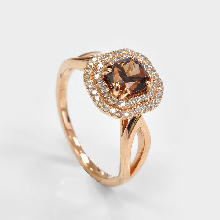 Deep Orange brown Double Halo Diamond Rose Gold Ring