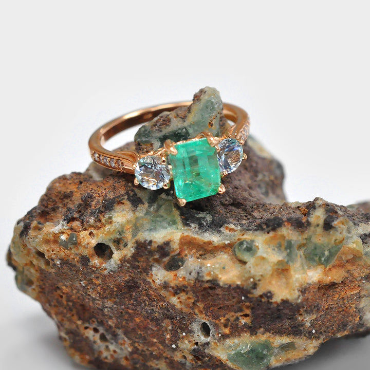 Light Green Emerald with Two Aquamarine &amp; Diamonds Ring.