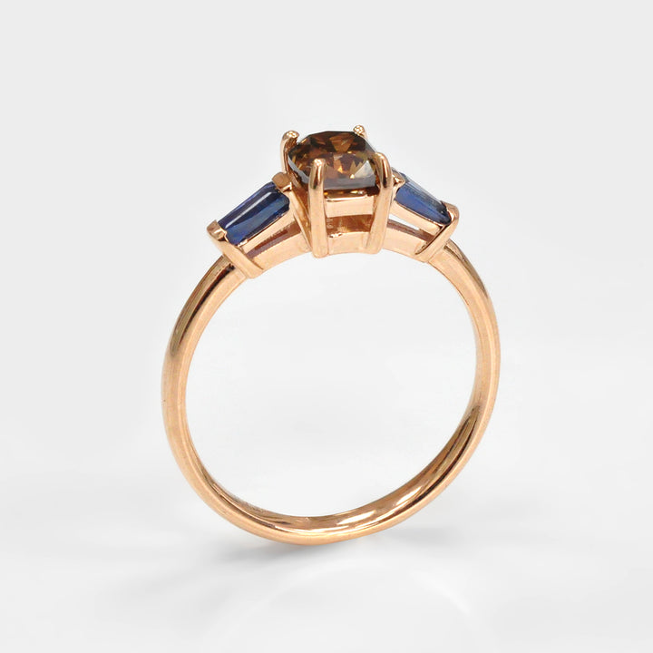 Cushion Diamond and Blue Sapphires Ring in Rose Gold