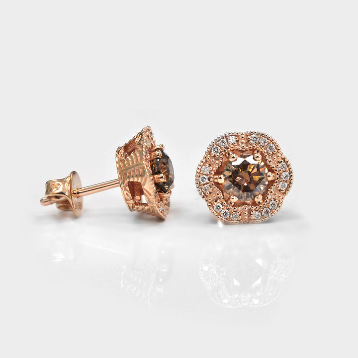 LIGHT BROWN FLOWER HALO DIAMONDS Rose GOLD STUDS