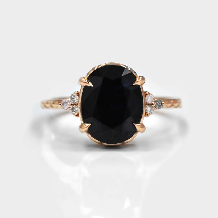 Black Sapphire and Six Side Diamonds Ring