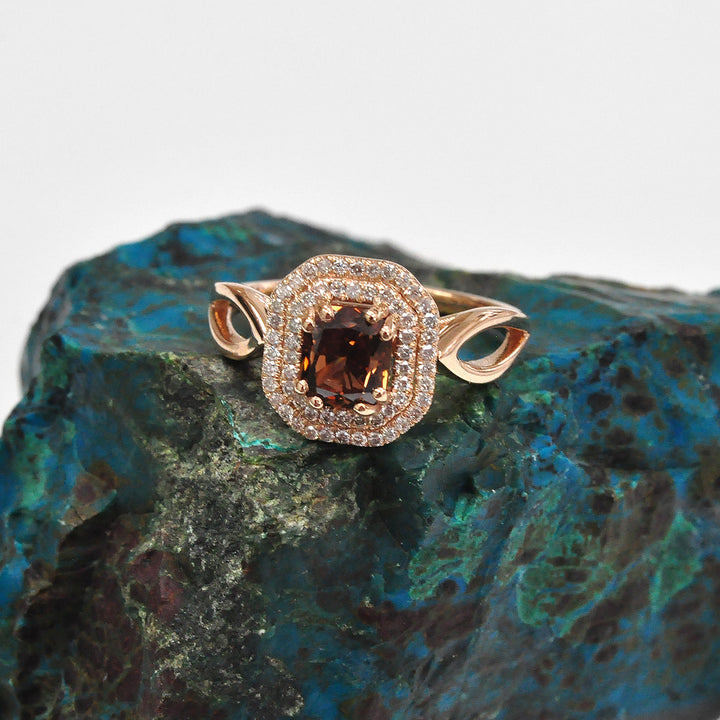 Deep Orange brown Double Halo Diamond Rose Gold Ring