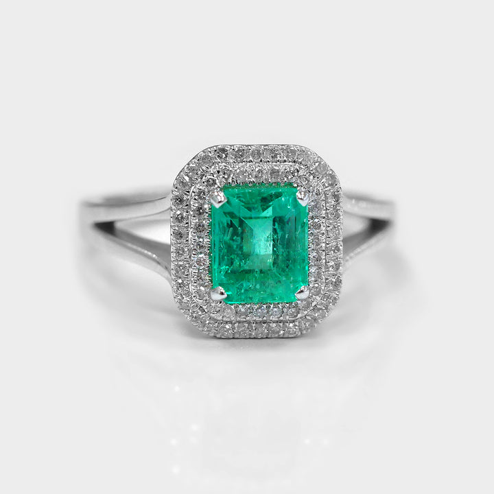 Double Halo Green Emerald &amp; Diamonds Ring