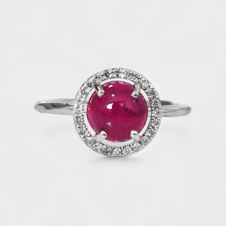 Round Cabochon Ruby Halo Diamonds Ring