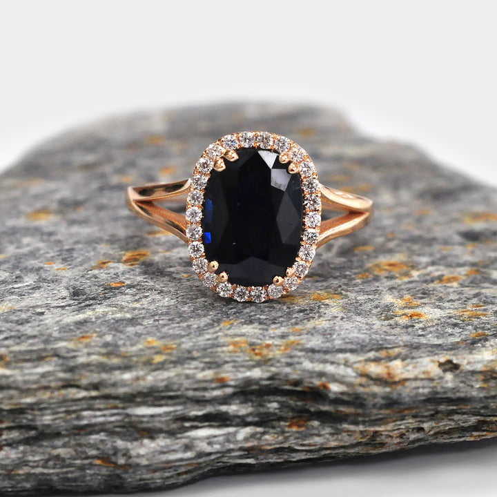 Black Sapphire Halo Diamonds Ring