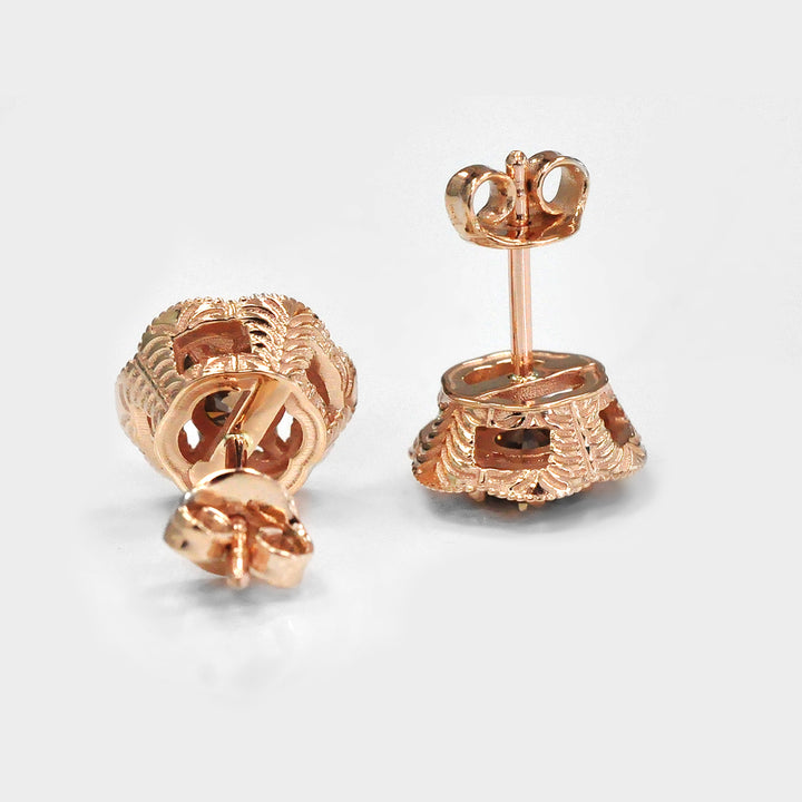 LIGHT BROWN FLOWER HALO DIAMONDS Rose GOLD STUDS