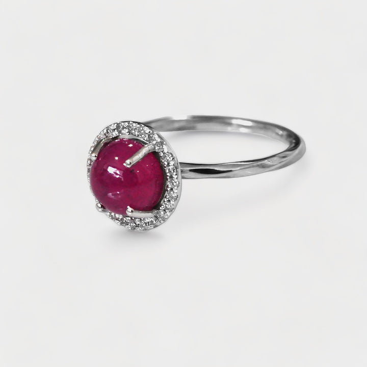 Round Cabochon Ruby Halo Diamonds Ring