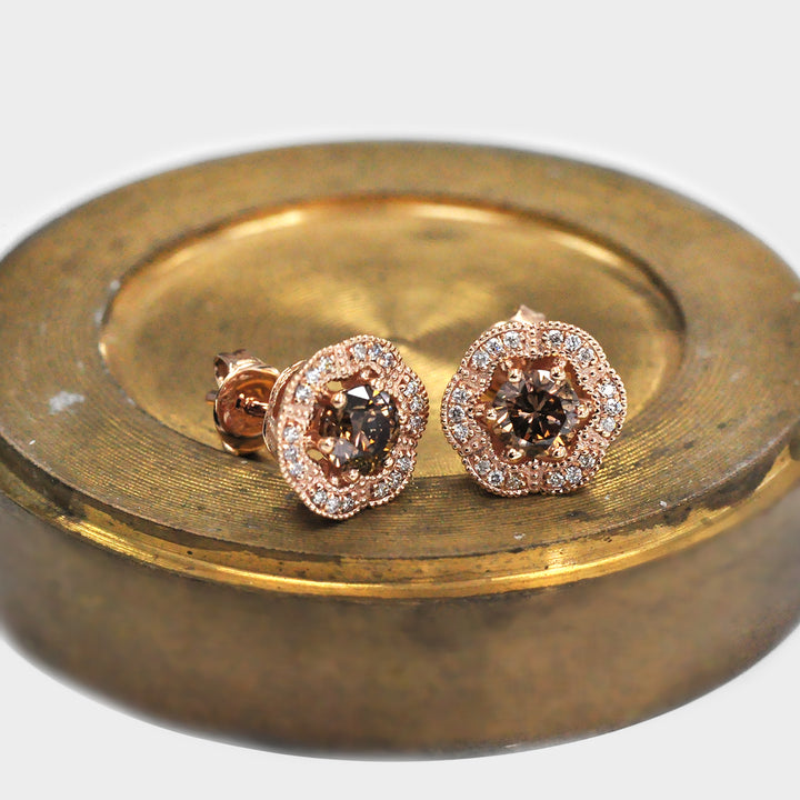 LIGHT BROWN FLOWER HALO DIAMONDS Rose GOLD STUDS