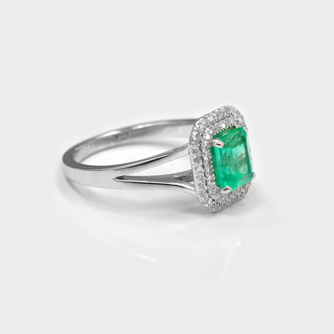 Double Halo Green Emerald &amp; Diamonds Ring