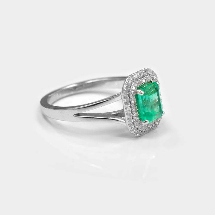 Double Halo Green Emerald &amp; Diamonds Ring