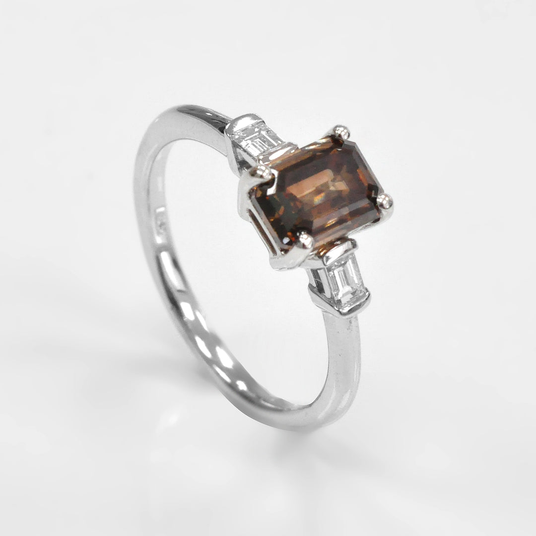 Classic 3 Stones Emerald Cut &amp; Baguettes Engagement Ring