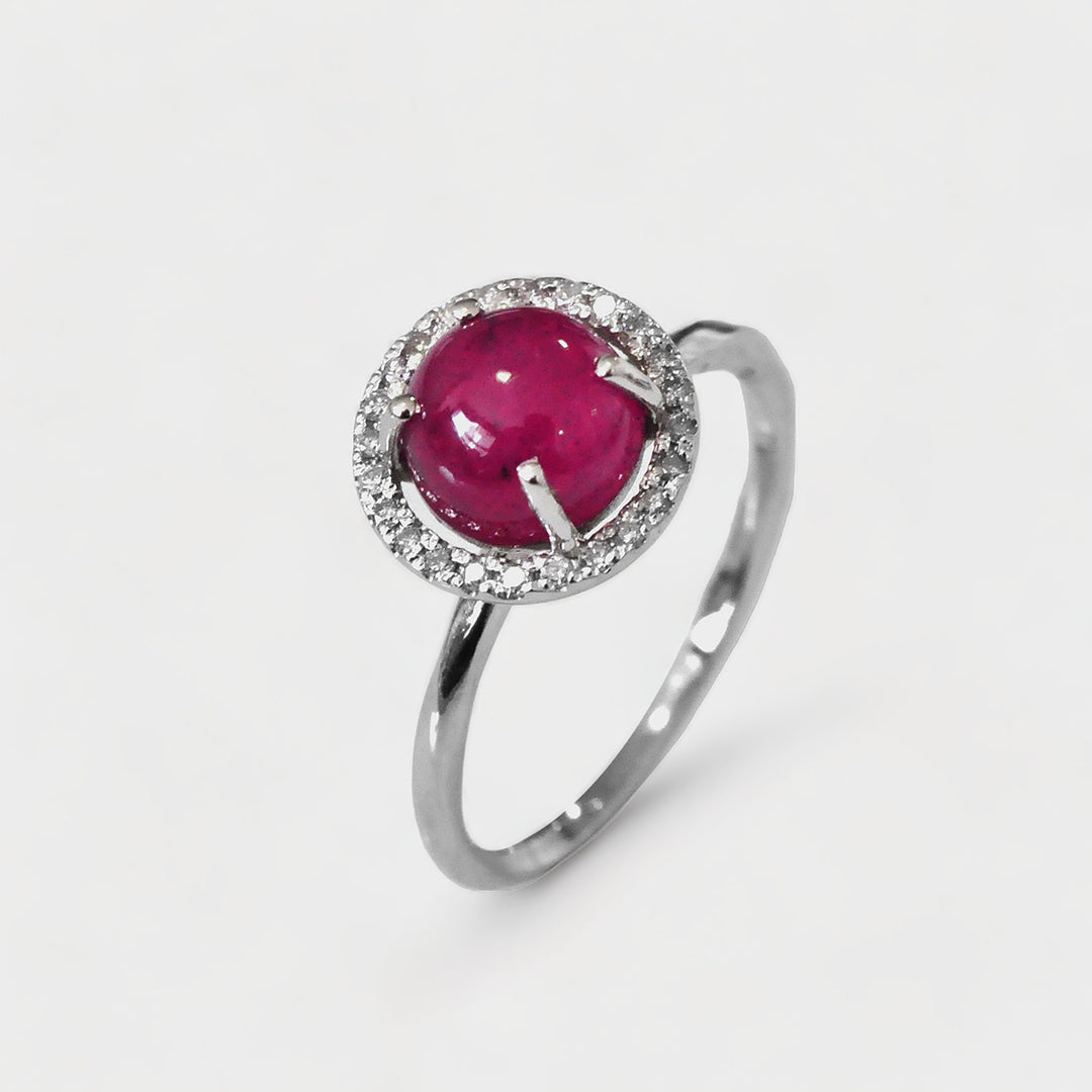 Round Cabochon Ruby Halo Diamonds Ring
