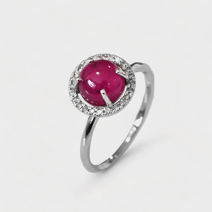Round Cabochon Ruby Halo Diamonds Ring